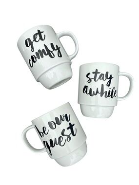 mug White Ceramic 3 Mugs Set Black Script Welcome Guest Collection AirBNB  VRBO